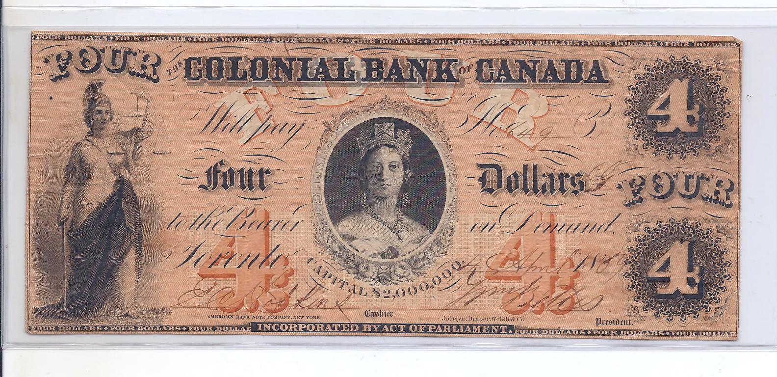 1869 Colonial Bank of Canada $4.00 - Click Image to Close